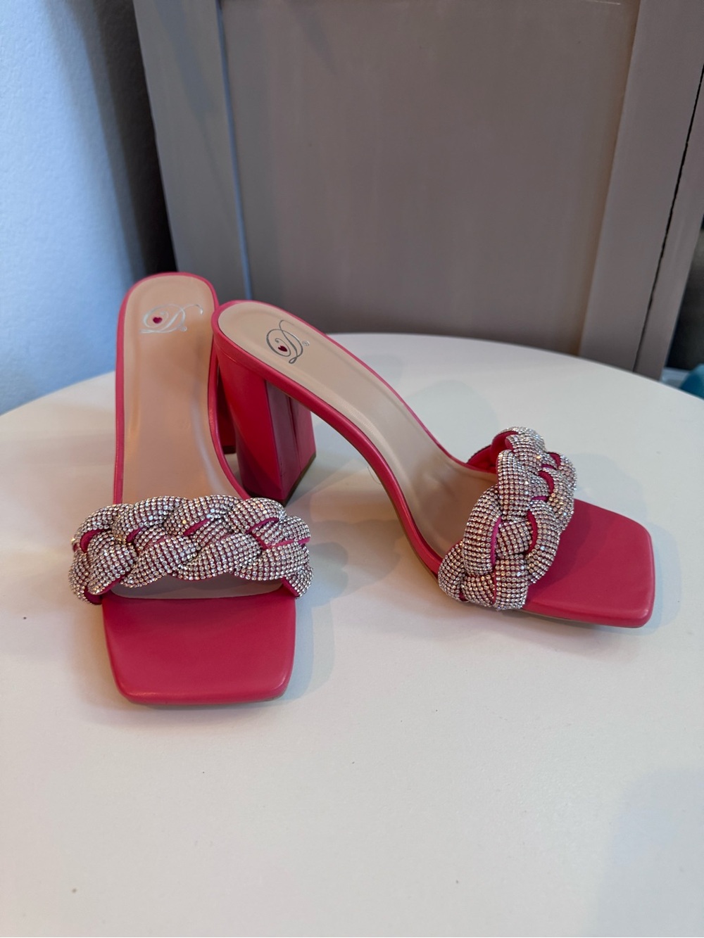 Women's Pink Braided Crystal-Embellished Block Heel Mules